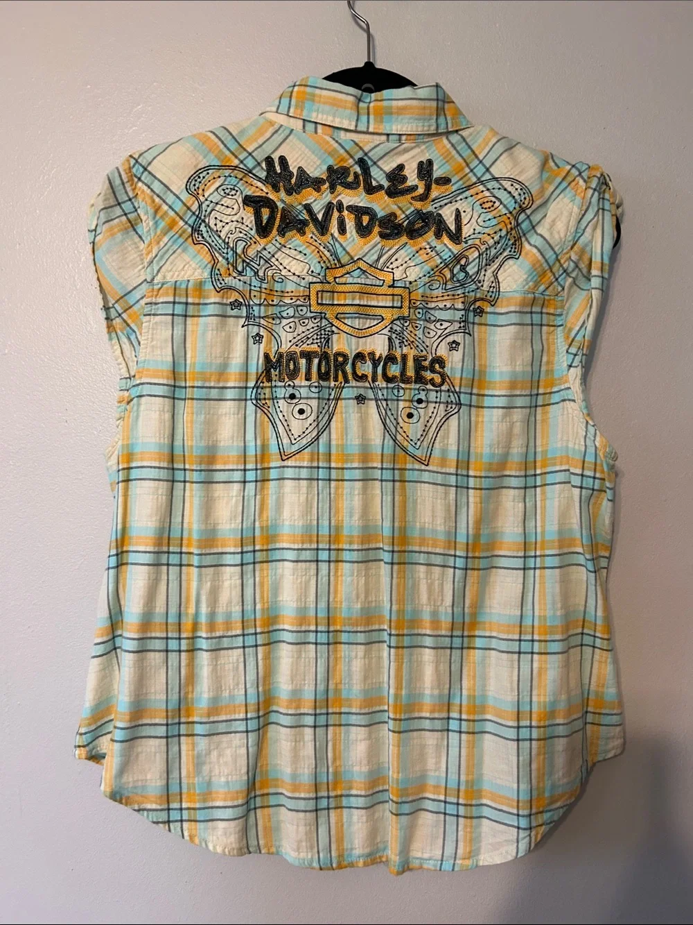 Harley-Davidson plaid button-up shirt in mint green, yellow and cream